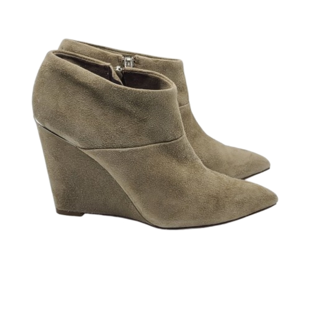 Coach Oakdale Wedge Booties Size 7.5 Tan Suede Zipper Pointed Toe - Picture 7 of 16